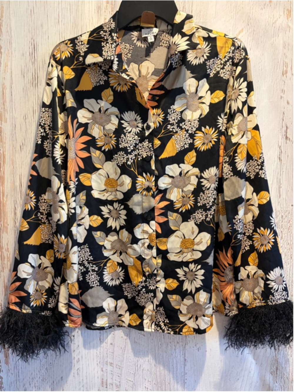 Women's AZURA Black & Orange Floral Pajama Set with Feather Cuffs S - Picture 2 of 10